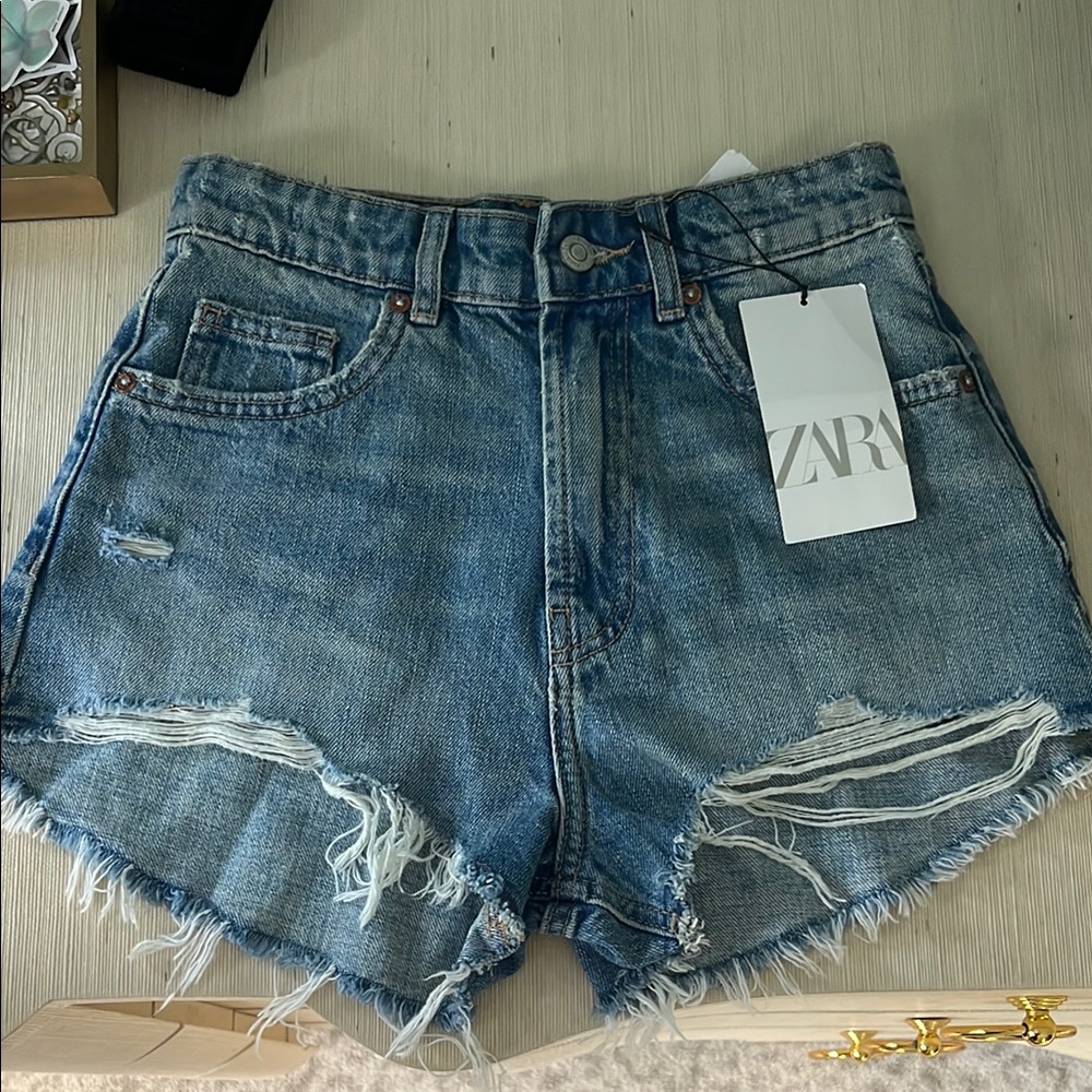 Zara Blue Jean Shorts with Distressed A-Line Fit